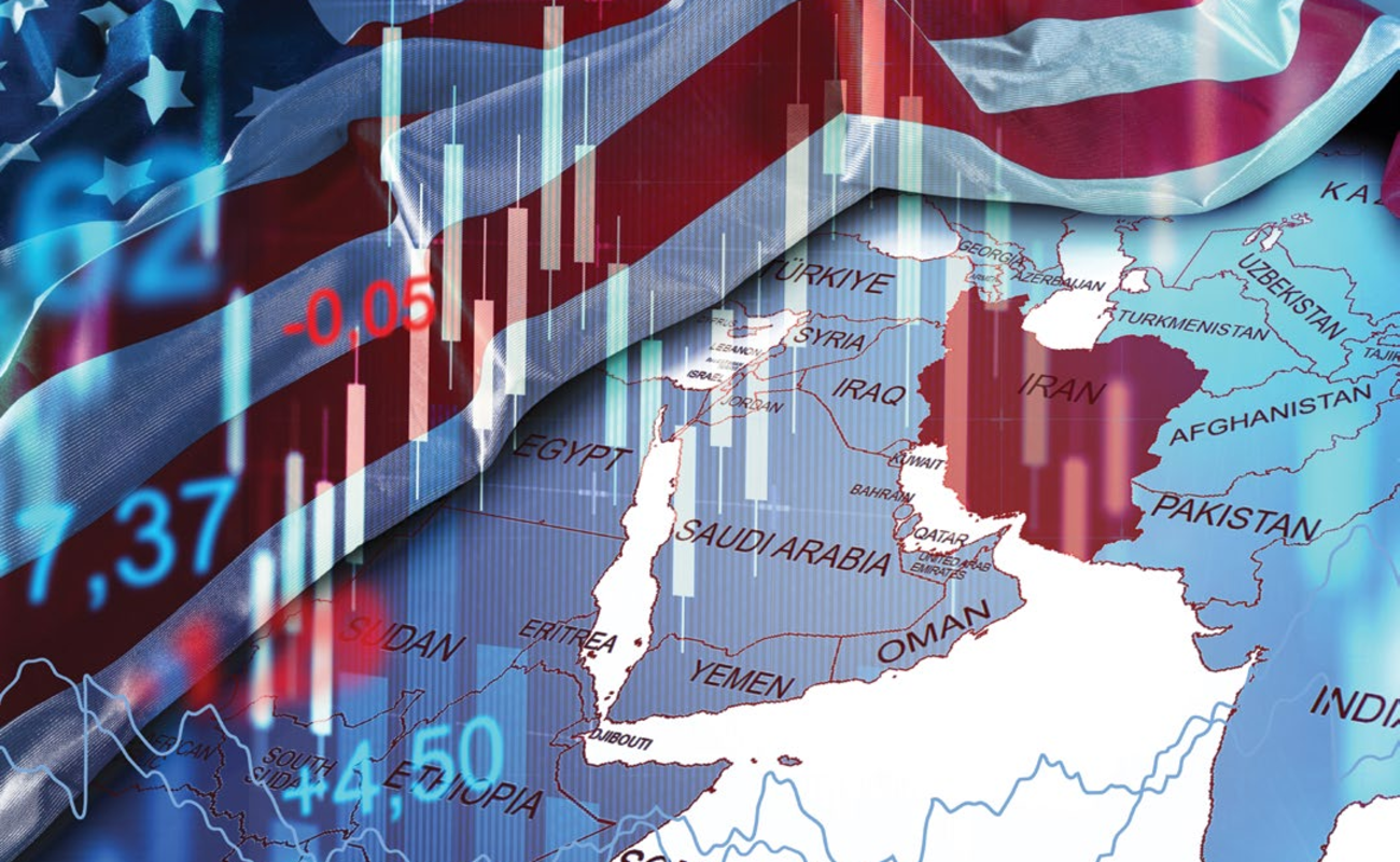 İran krizi ve Türkiye ihracatı - ABD bayrağı, borsa grafikleri ve Orta Doğu haritası temsili