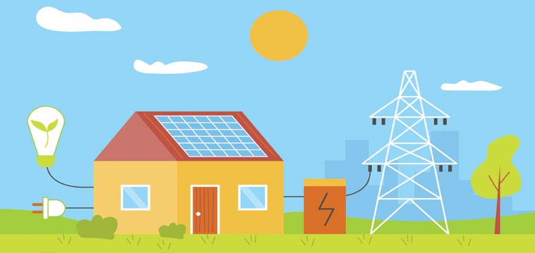 Yeşil Tarife - güneş panelli ev ve elektrik şebekesi illüstrasyonu