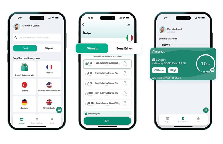 Kaspersky eSIM Store mobil uygulaması ekran görüntüleri: destinasyon seçimi, veri planı satın alma ve eSIM yönetimi