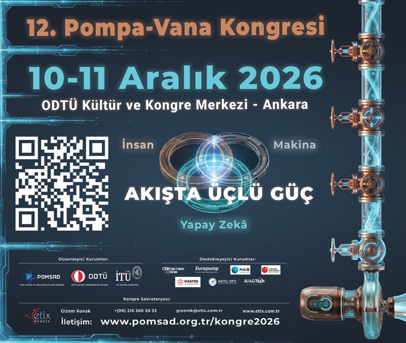 12. Pompa-Vana Kongresi afişi: 10-11 Aralık 2026, ODTÜ Kültür ve Kongre Merkezi Ankara. Akışta Üçlü Güç: İnsan, Makine, Yapay Zekâ, QR kod ve düzenleyici kurumlar