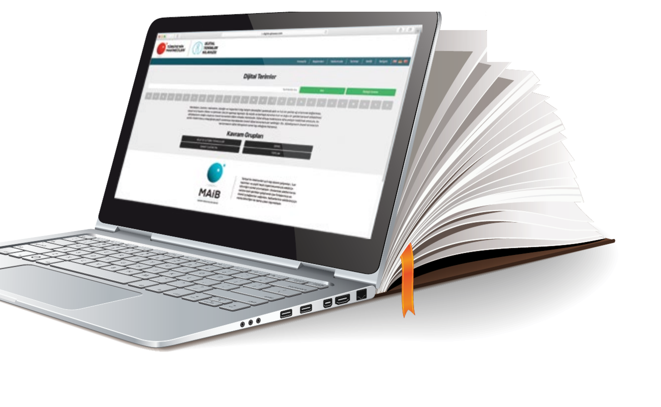 Dijital Terimler Kılavuzu, digital-glossary.com internet sitesi dizüstü bilgisayar ekranında; Türkiye'nin Makinecileri ve MAİB imzalı Dijital Terimler arayüzü