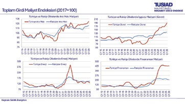 Toplam girdi maliyet endeksleri 2017=100, Türkiye ve rakip ülkeler ara malı, işgücü, enerji ve finansman maliyeti grafikleri