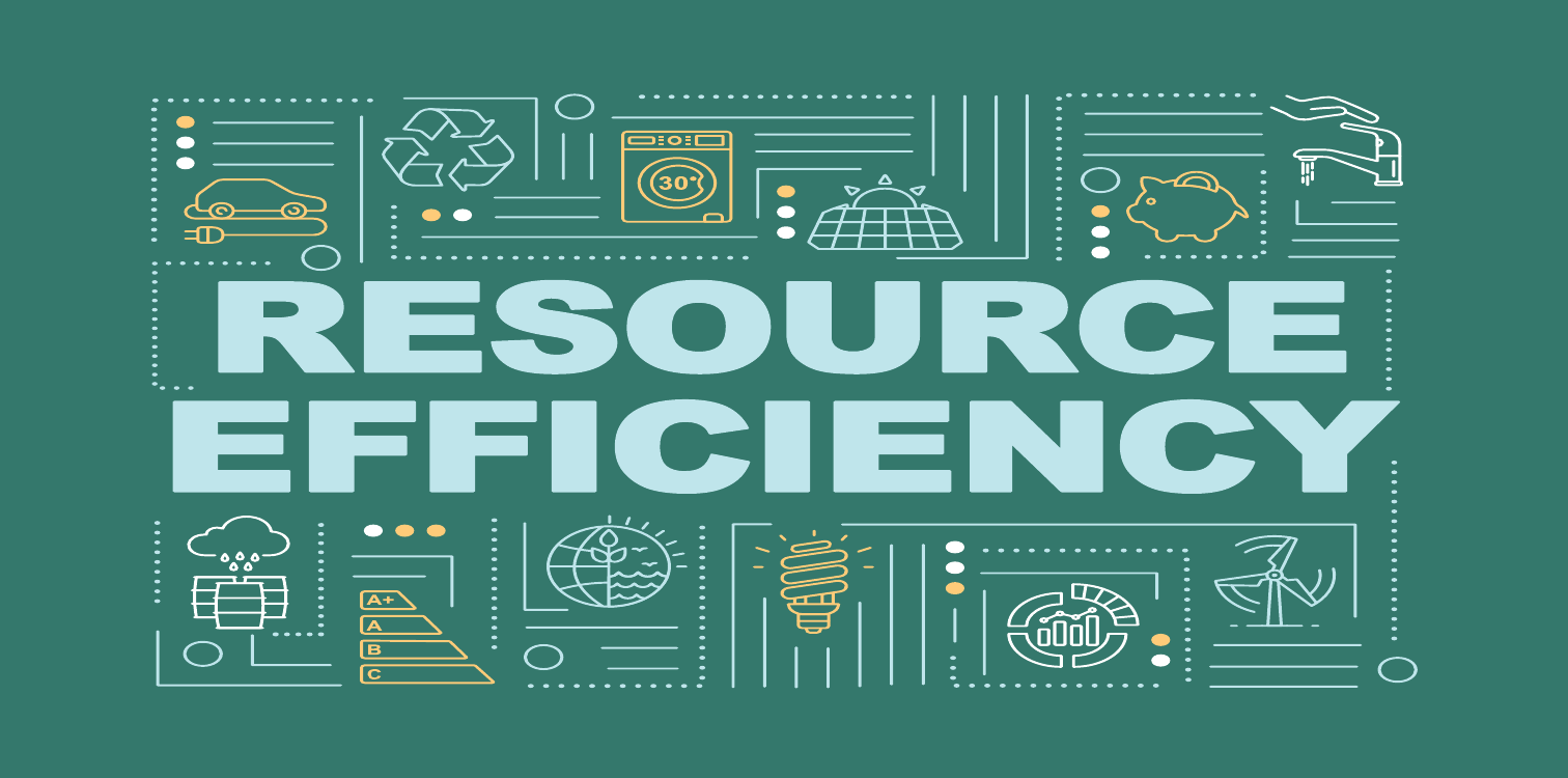 Resource Efficiency (Kaynak Verimliliği) infografiği: geri dönüşüm, elektrikli araç, çamaşır makinesi, güneş paneli, kumbara, su tasarrufu, enerji etiketi ve rüzgâr türbini ikonları