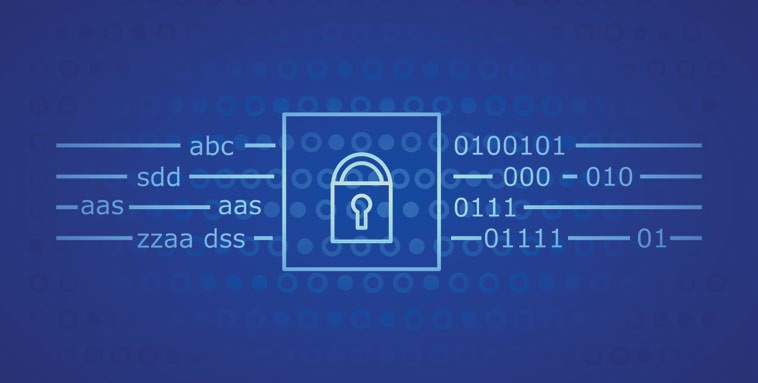 Şifreleme (Cryptography) görseli: kilit simgesi, şifrelenmiş metin ve ikili sayı dizileri
