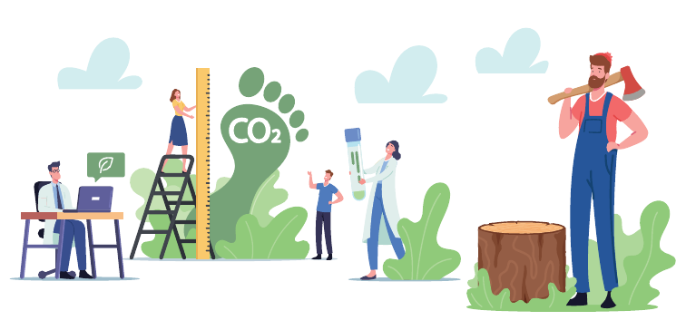 Yayılma etkisi kavramı illüstrasyonu: CO2 ayak izi, ölçüm yapan ve salım azaltımı üzerinde çalışan kişiler