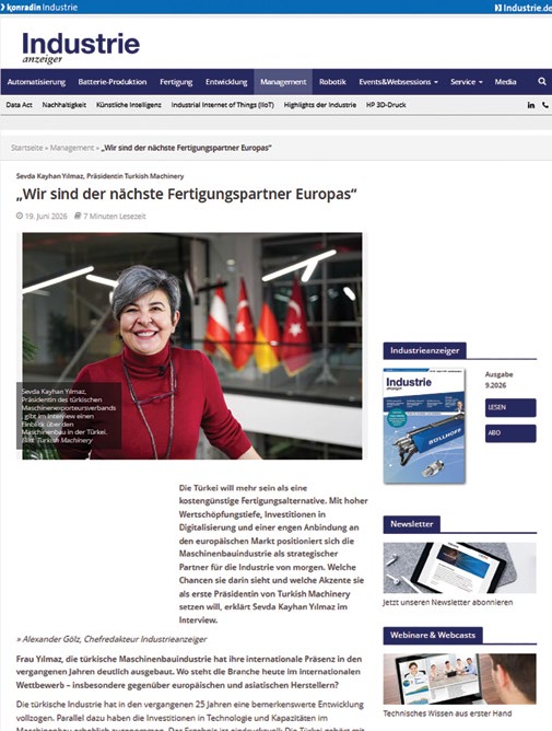 Sevda Kayhan Yılmaz ile yapılan röportaj, Industrieanzeiger dergisinin internet sitesinde Wir sind der nächste Fertigungspartner Europas başlığıyla yayımlandı