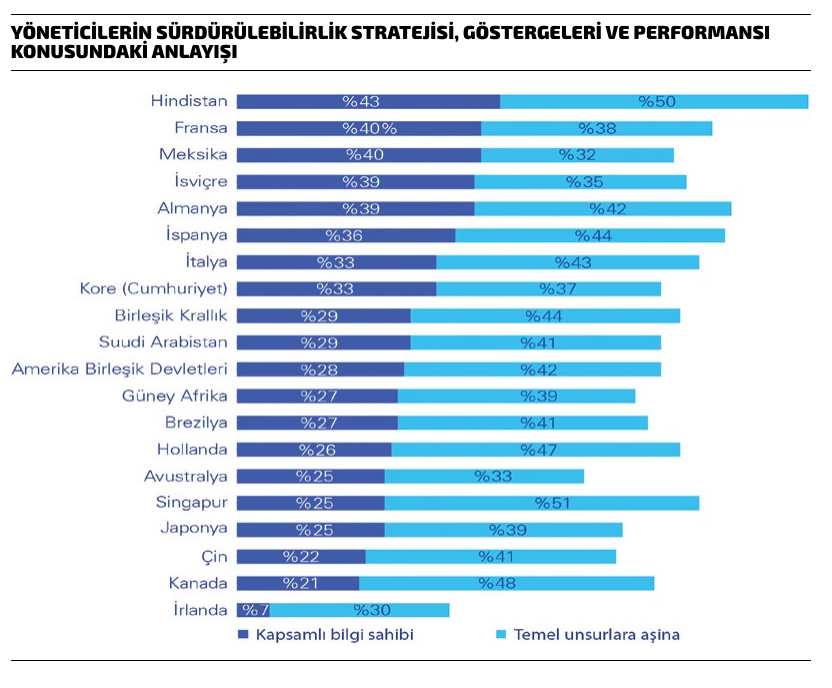 Yöneticilerin sürdürülebilirlik stratejisi, göstergeleri ve performansı konusundaki anlayışını ülke ülke gösteren grafik