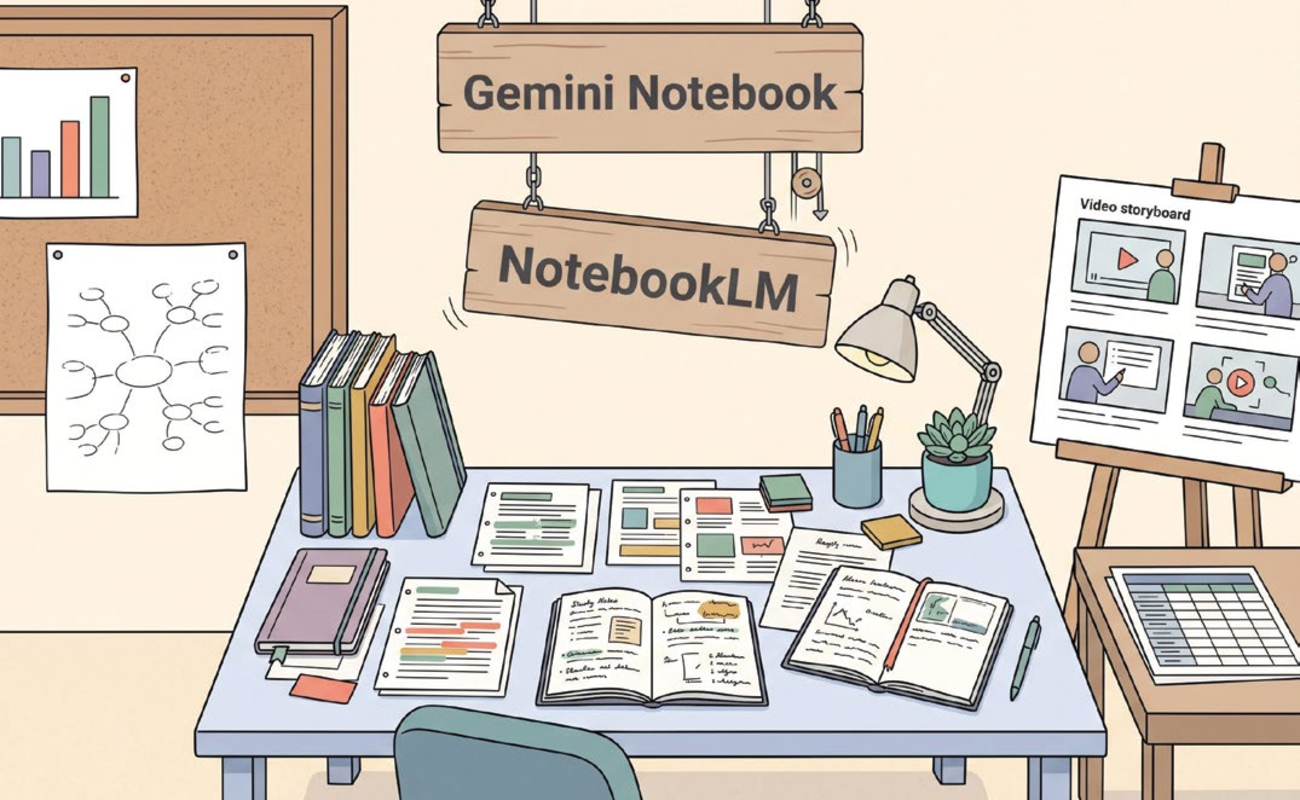 Gemini Notebook ve NotebookLM tabelalarının asılı olduğu, ders notları, kitaplar ve video storyboard panosuyla dolu çalışma masası illüstrasyonu