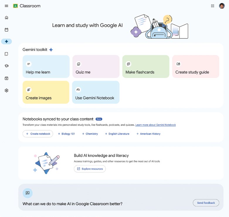 Google Classroom ekranında 'Learn and study with Google AI' bölümü ve Gemini toolkit kartları: Help me learn, Quiz me, Make flashcards, Create study guide, Create images, Use Gemini Notebook